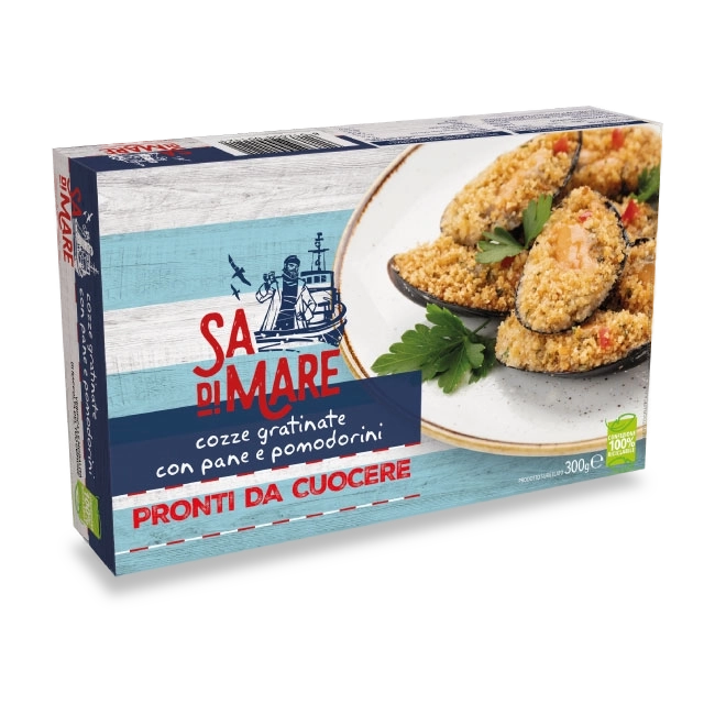 MUSSELS AU GRATIN WITH BREAD AND TOMATO